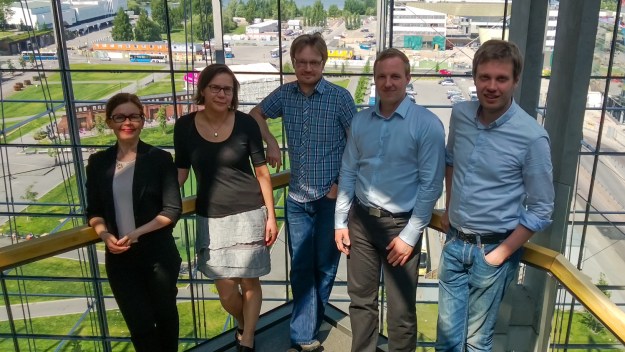 First group of new recruits. In the lift at Sanoma House.