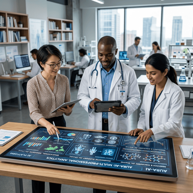 Three healthcare professionals reviewing medical data on an interactive display