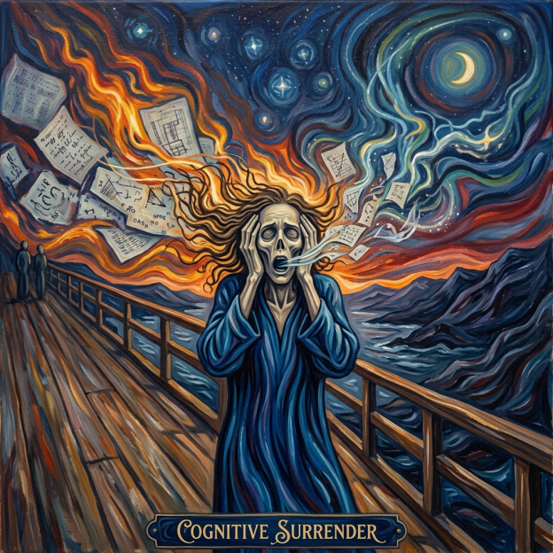 Surreal figure screaming on a pier beneath swirling stars and floating papers; text reads “Cognitive Surrender.”