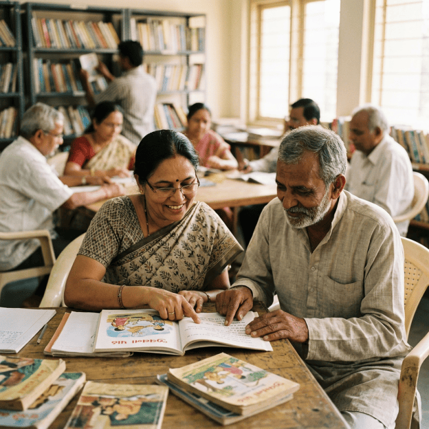 Older adults studying an illustrated book together at a library table