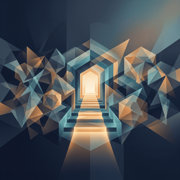 Glowing staircase leading to a bright doorway among geometric crystal shapes